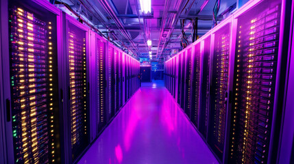 A vibrant data center illuminated by purple lighting, featuring rows of high-tech server racks, showcasing advanced technology and digital infrastructure.