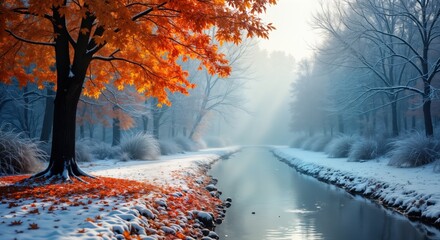Naklejka premium Snowy park landscape. Calm river flows. Orange maple tree leaves contrast white snow. Winter season. Cold weather. Nature scene. Autumn colors. Beautiful background image.