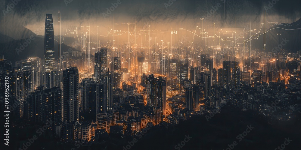 Poster a panoramic view of a vibrant city skyline at night, illuminated by glowing lights amidst a misty at