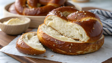 Freshly baked pretzel bun with soft, fluffy interior and sesame seeds on top, served with side of creamy butter. Perfect for sandwiches or as snack