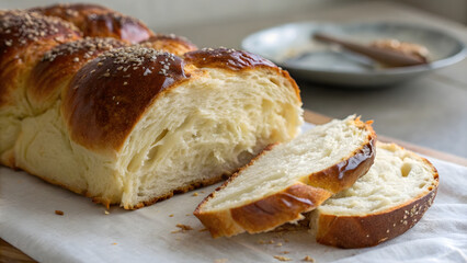 Freshly baked sourdough twist loaf with glossy crust, sliced to reveal its soft, airy interior. Perfect for breakfast or as delightful snack