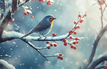 European Robin on Snowy Hawthorn Branch. AI generated illustration.
