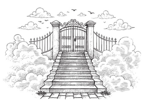staircase and gate in heaven in the clouds sketch hand drawn drawing vector illustration
