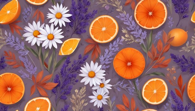 Hojas Secas y Flores Una composición desde arriba con hojas secas de colores otoñales (naranjas, rojas y marrones) y flores delicadas como lavanda o margaritas blancas, dispersas sobre un fondo neut