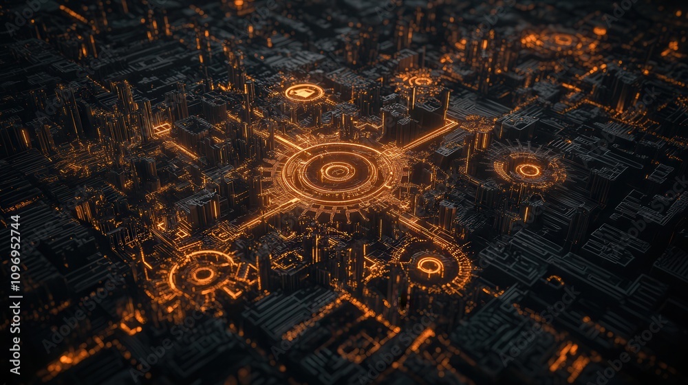 Fototapete Aerial view of a futuristic cityscape illuminated with glowing circular patterns, showcasing an intricate network of structures and pathways.