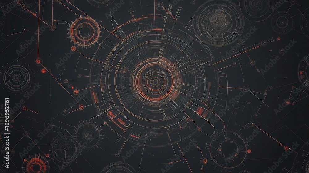 Poster A futuristic abstract design featuring circular patterns and intricate lines against a dark background, evoking technology and innovation.