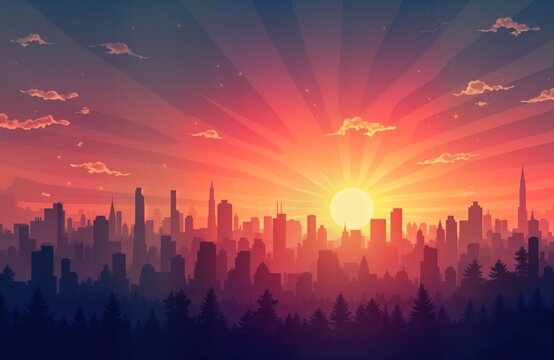 City skyline sunset. Urban landscape. Large text space. Modern design. Fundraiser poster. Graphic design mockup. Charity event. Business template. Marketing material. Sunrise over city. Perfect for - Powered by Adobe