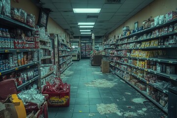 Fototapeta premium an eerie, abandoned supermarket aisle shrouded in shadows, evoking feelings of nostalgia and desolation
