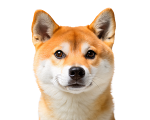 Image of a Shiba Inu dog with reddish-white fur. Pointed ears and a confident look give it a charismatic appearance. No background, focus on the face.