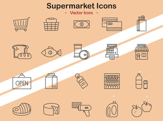 Icons representing supermarkets and shopping themes in vector style