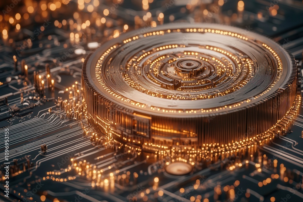 Poster a detailed, close-up view of a glowing, circular component on a circuit board, showcasing intricate 