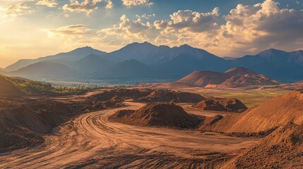 Naklejka premium A breathtaking view of mountains at sunset, showcasing rugged terrain and a winding path through an earthy landscape.