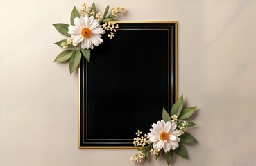 Elegant black frame with gold edging. White flowers decorate frame corners. Blank space ideal for text. Funeral invitation design template. Memorial service announcement. Grief support resource.