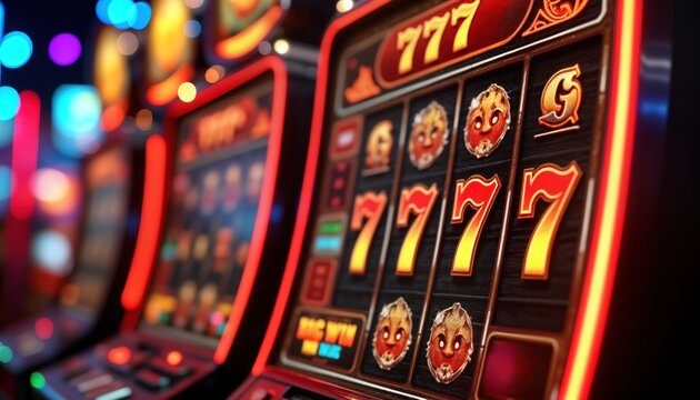 Casino slot machine game. 777 jackpot win. Bright lights illuminate gaming symbols. Gambling entertainment. Las Vegas casino night. Red neon lights. Lucky sevens. Big win. Slot machine detail. Casino - Powered by Adobe