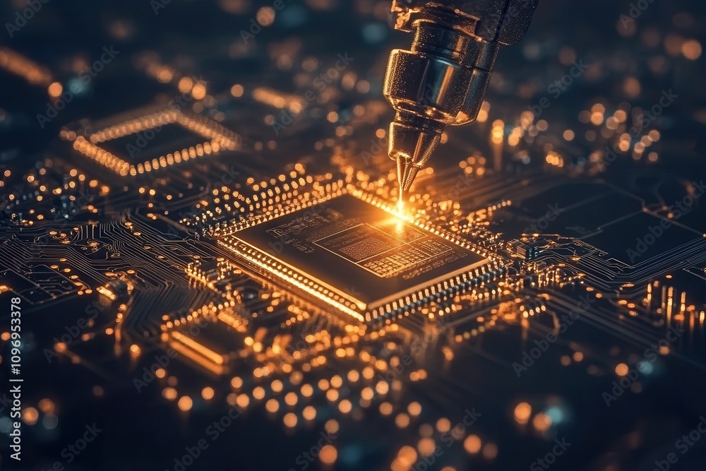 Poster A close-up of a circuit board with a precision tool illuminating a microchip, showcasing intricate electronic components and glowing connections.