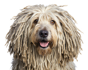 Komondor breed with long corded cream-colored fur. Expressive face and playful look. The fur completely obscures the background.