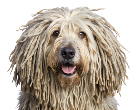 Komondor breed with long corded cream-colored fur. Expressive face and playful look. The fur completely obscures the background.