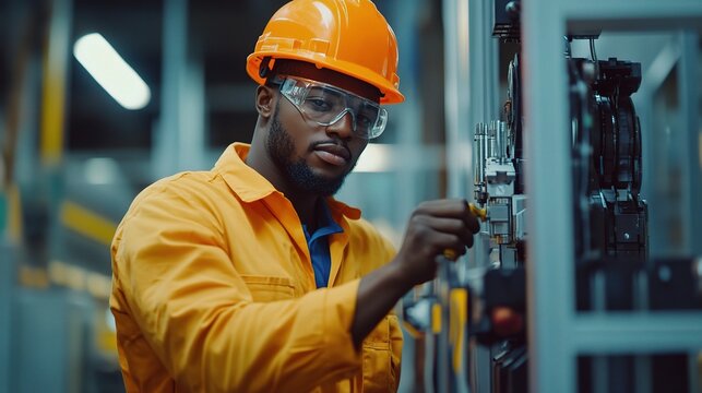 African American Male Engineer Wearing Hardhat in Industrial Setting - Powered by Adobe
