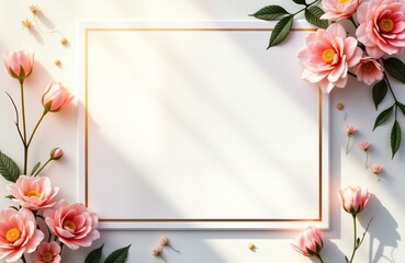 Blank card mockup features pink flowers. Minimalist geometric design. Funeral flyer template. Modern light rays. Perfect for remembrance. Greeting card design. Elegant floral frame. Soft pastel