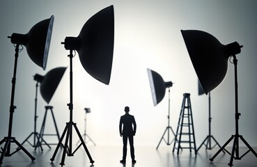 Miniature businessman stands in studio surrounded by large lighting equipment. Man in suit poses for photo shoot. Business concept image. Success idea. Studio lighting. Photo illustration. Work