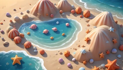 arena y conchas marinas  una vista aérea de arena fina con pequeñas conchas marinas y estrellas de mar, acompañada de sombras suaves. transmite una sensación relajante y veraniega, blanco, caracol