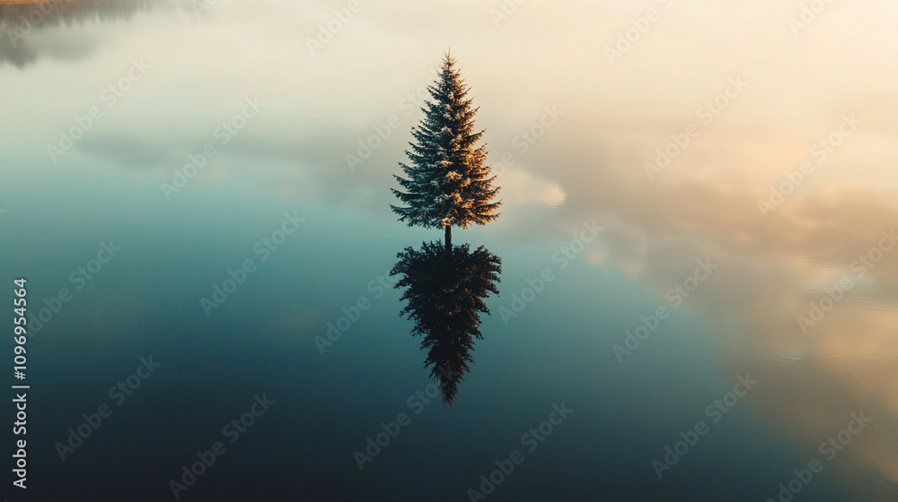 Poster Reflection of a solitary tree in calm waters at dawn