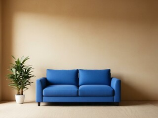 Living room with blue sofa and unpainted wall with plants next to the sofa