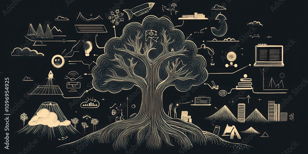Poster a stylized illustration of a tree with various icons representing nature, technology, and exploratio