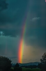 Vibrant double rainbow sunset. Pennsylvania landscape. City skyline. Pink clouds. Storm passed. Colorful dusk. Nature beauty. Philadelphia area. US city. Rain clouds. Post rain. Bright colors.