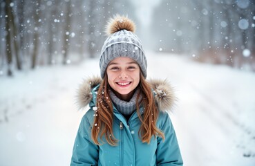 Fototapeta premium Happy teen girl smiles outdoors in winter. Snow falls. She wears stylish hat winter coat. Perfect for holiday cards winter fashion ads. Child enjoys snowy day.