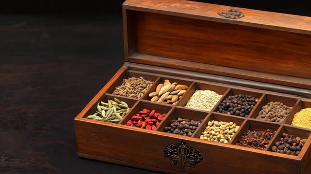 A wooden spice box filled with various dried spices and herbs arranged neatly on a dark surface