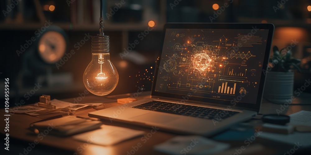 Poster A cozy workspace featuring a laptop displaying data, complemented by a glowing light bulb, creating an inviting atmosphere for creativity and productivity.