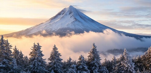 Majestic Mountain Peak Shrouded in Clouds and Mist at Sunrise. AI generated illustration