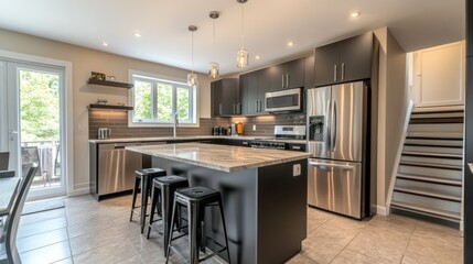 Fototapeta premium Modern kitchen with stainless steel appliances and a spacious island for cooking and dining.