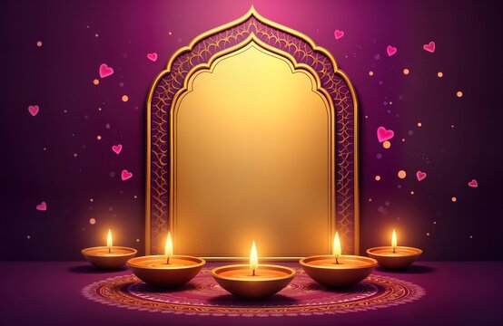 Diwali celebration invitation mockup. Blank golden frame. Diya lamps rangoli. Purple backdrop. Festive design. Indian holiday. Wedding invitation. Holiday card. Greeting card. Happy Diwali. - Powered by Adobe