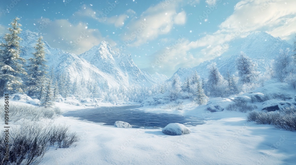 Poster a snowy landscape with a frozen lake and mountains in the background