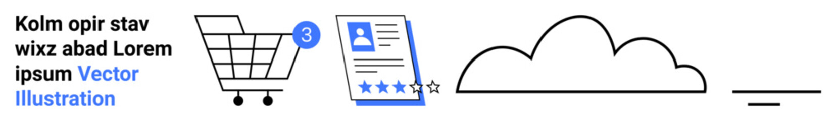 Shopping cart with notification badge, a review document with star ratings, and a cloud icon. Ideal for e-commerce, online reviews, cloud computing, digital storage, customer feedback, internet