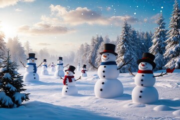 Obraz premium Enchanting Winter Wonderland Featuring Snowmen in a Scenic Snowy Landscape