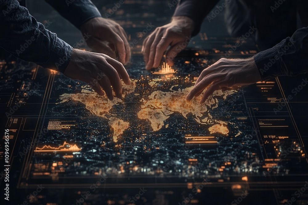 Poster A group of hands interacts with a glowing map, highlighting various locations with intricate lights, suggesting collaboration and exploration of the world.