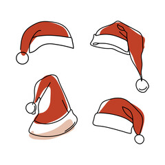 set of red santa hats hand drawn with lines