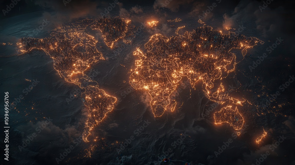Aufkleber a stunning visual of a glowing world map, highlighting cities with a network of bright lights agains