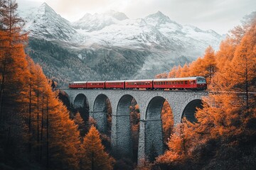 Red Train Crossing an Arched Stone Bridge in Switzerland with Snow-Capped Mountains. AI generated illustration