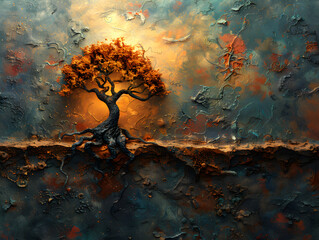 In a unique landscape, a vibrant tree stands out with contrasting colors and bold details, creating an emotional and artistic scene. The textured and surreal setting evokes strong feelings