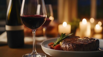 Romantic Dinner Setting with Wine and Steak