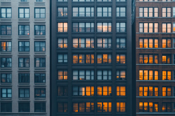 Urban building facade with glowing warm interior lights at dusk, symmetrical windows and architectural details