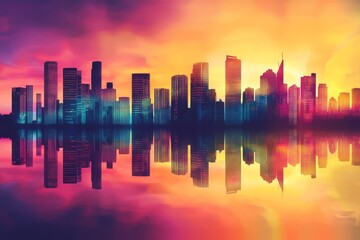 Fototapeta premium Vibrant City Skyline Silhouette at Sunrise - Stunning city skyline silhouette reflected in calm water at sunrise, showcasing vibrant colors, urban landscape, modern architecture, and peaceful reflecti
