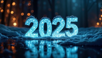 Glowing 2025 New Year digits rest snow. Festive winter night scene. Blue light illuminates numbers. Sparkling winter holiday background. Perfect for greeting card calendar website.