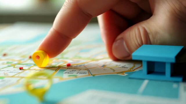 Hand Pointing at Map Marker to Represent Route Planning and Destination Marking