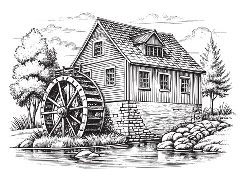 Old water mill sketch hand drawn drawing vector illustration