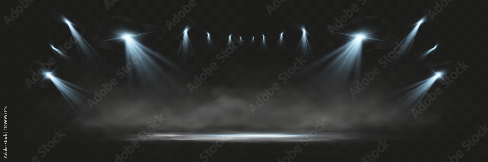 Poster spotlights shining down in a dark, misty atmosphere, creating a dramatic stage or stadium effect wit